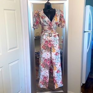 Floral Belted V-Neck Jumpsuit in Light Blue